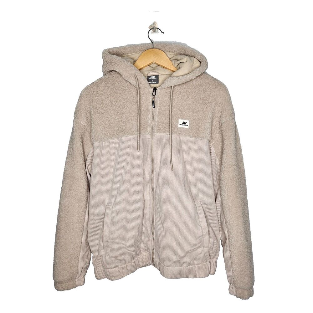 NEW BALANCE Hooded Fleece Jacket Women's Large Full Zip Corduroy Beige NEW